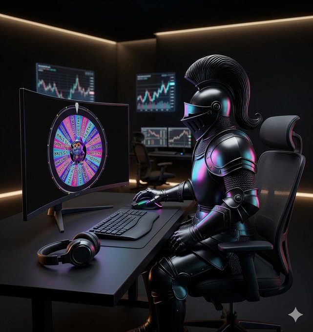 The image features a person wearing medieval armor, sitting at a desk with a computer monitor displaying a spinning wheel game. The person appears to be playing a video game while dressed in their full medieval outfit. The background shows multiple screens showing live games being played by other players around the world. The post also mentions GM Skill Stackers and the term "Good morning militia".