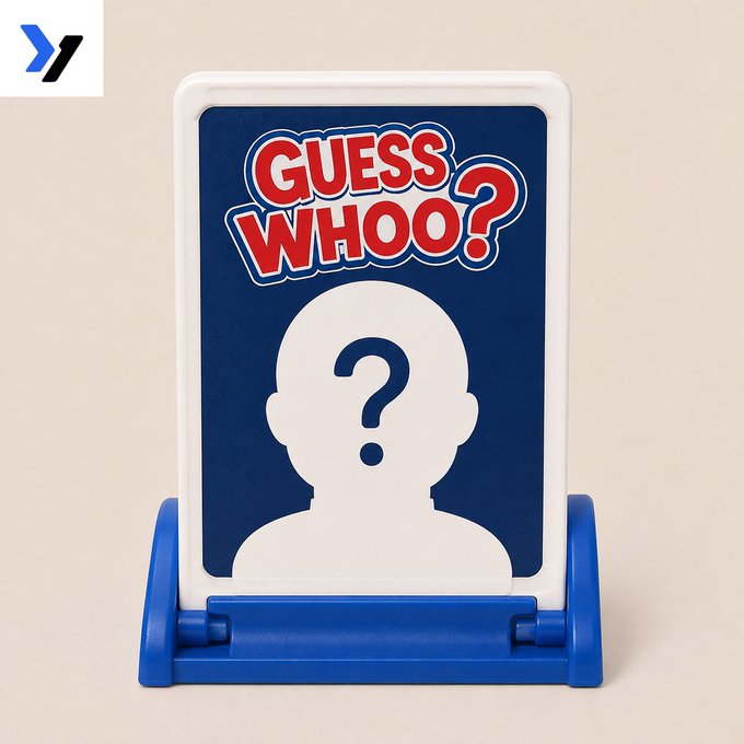 A Guess Who? game board with a blank white silhouette and a question mark on its face, set against a dark blue background, displayed in a blue plastic stand.