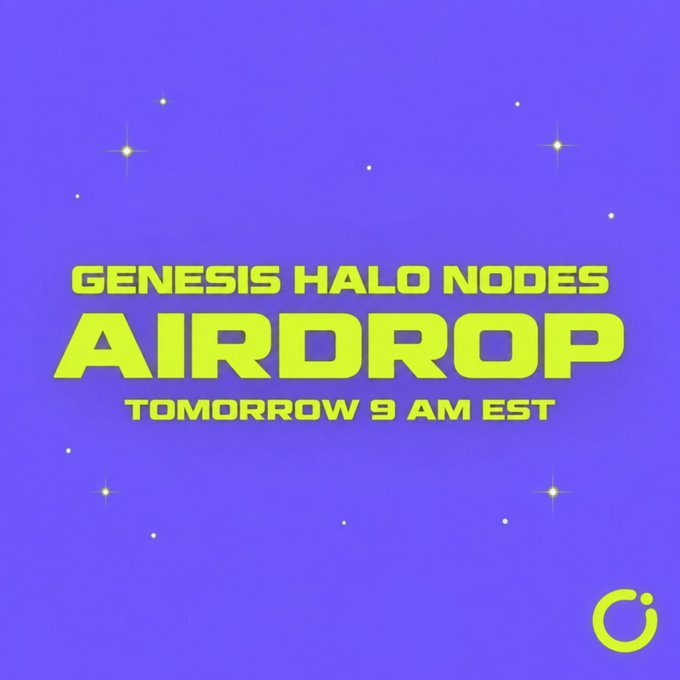 The image is a vibrant purple promotional graphic with bright yellow-green text announcing "GENESIS HALO NODES AIRDROP TOMORROW 9 AM EST," accented with small star-like sparkles and a circular logo in the bottom right corner. It relates to the post by alerting GVC pre-sale participants about an upcoming airdrop event scheduled for the next morning.