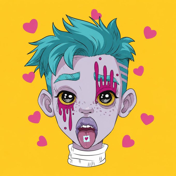 The image is an illustration of a boy with blue hair and purple lips wearing a white jersey with a picture of a red heart on a white background. The accompanying post says that $KAI is launched on @PUMPDOTFUN.