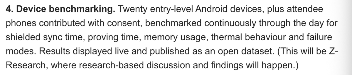 Text excerpt describing device benchmarking activities, noting that twenty entry-level Android devices were tested throughout the day for shielded sync time and other metrics, with results to be discussed on Z-Research.