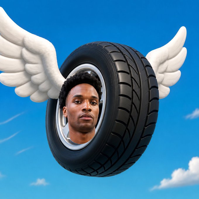 A surreal digital artwork showing a man's face inside a car tire with white angel wings attached, set against a blue sky with clouds.