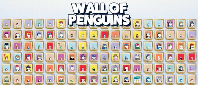 A 'Wall of Penguins' collection displaying numerous small pixel art avatars of PFP (profile picture) penguins arranged in a grid layout.