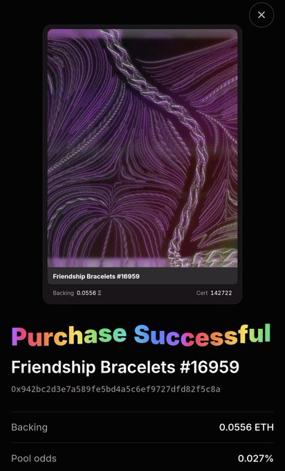 A mobile app 'Purchase Successful' confirmation screen for 'Friendship Bracelets #16959' showing a purple woven texture image with a transaction cost of 0.0556 ETH.