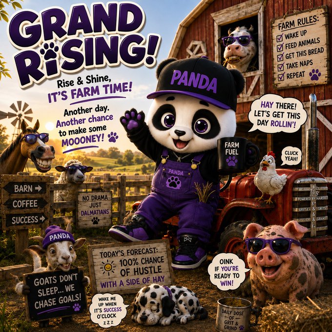 Cute cartoon promotional artwork titled 'GRAND RIIISING! Rise & Shine, IT'S FARM TIME!' featuring a panda character wearing 'PANDA' overalls and cap, surrounded by farm animals (horse, sheep, goat, chicken, pig, dalmatian) on a farm with signs like 'FARM RULES' and 'GOATS DON'T SLEEP... WE CHASE GOALS!'.