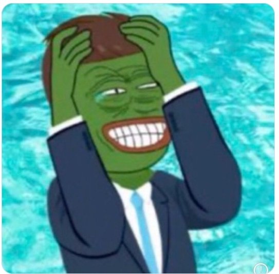 A cartoon-style illustration of a green-skinned man in a suit rubbing his head with both hands, grinning widely in a distorted expression, set against a blue water background.