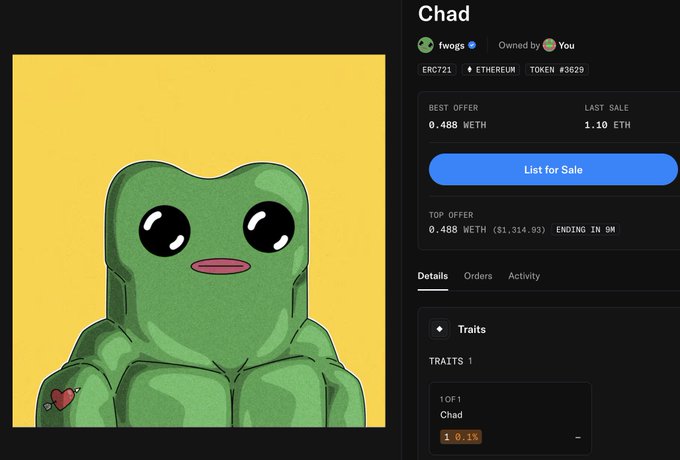 A screenshot of OpenSea displaying NFT "Chad" #3620, a green muscular frog character with a heart tattoo (owned by fwogs with a best offer of 0.488 WETH and last sale of 1.10 WETH), visually representing the "1/1 fwog" homage described in the post.
