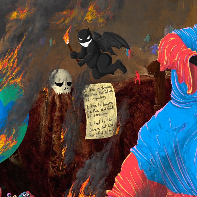 A colorful surreal painting featuring a figure dressed as Batman holding a torch, floating near a skull and a handwritten note in a fiery landscape.