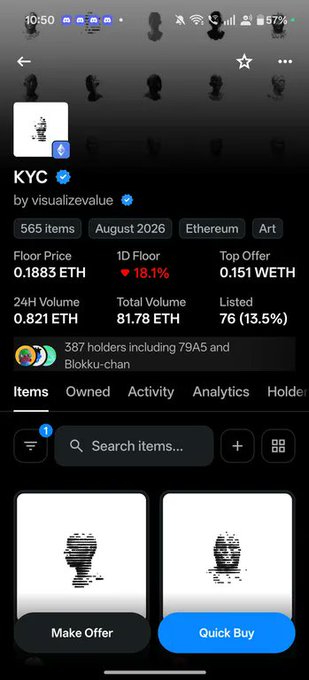 A mobile screenshot of an NFT marketplace showing a collection called 'KYC' by visualzevalue, with 565 items, a floor price of 0.1883 ETH, and 387 holders.