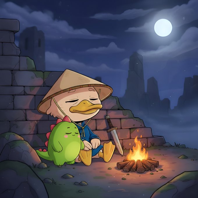 The image features a cartoon duck sitting next to a fire with a sword nearby. The scene takes place at night, with a castle visible in the background. A caption below the image reads "Good night fam Lately I have been trying to spend less time scrolling and more time actually resting. Before bed, I usually open @sleepagotchi , keep my streak alive, then put my phone down. It is a small thing, but it makes going to sleep feel a lot easier".