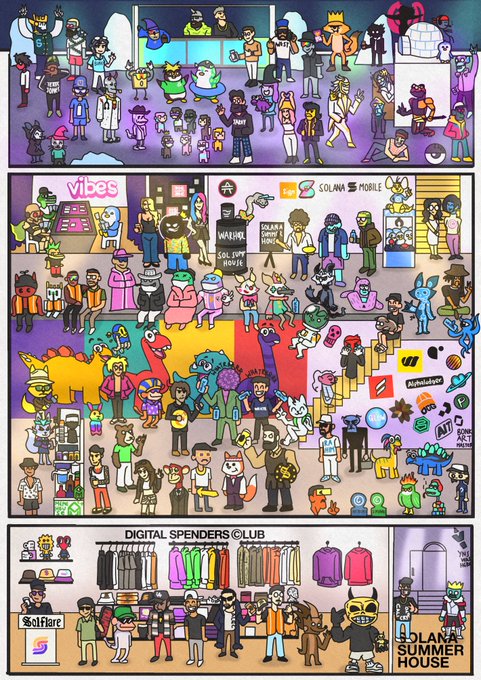 A bustling, cartoon-style illustration showcases a lively crowd of diverse characters at the Solana Spaces Summer House event, featuring prominent branding for "Solana Mobile," "Vibes," "Solana Summer House," "Aptos," "Solfaire," and "Digital Spenders Club," with the bottom panel displaying rows of colorful clothing and event signage. The image directly relates to the post as a promotional call-out for last year's "Solana Spaces Summer House" artwork, inviting viewers who participated to join this year's version.