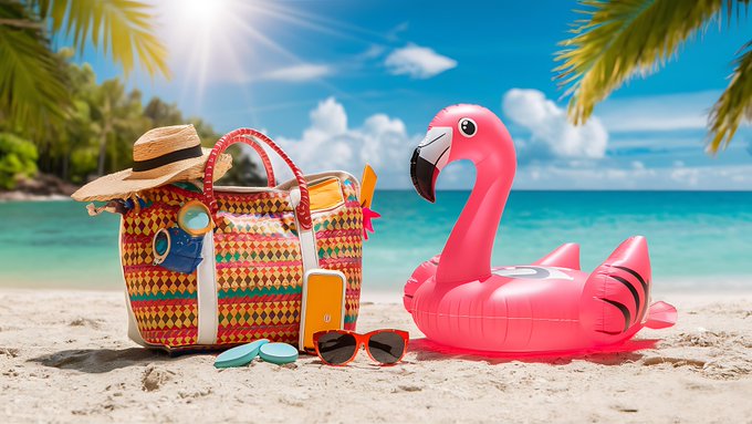 The image features a beach scene with an inflatable pink flamingo floating on the sand, surrounded by various items such as sunglasses, a handbag, and a suitcase. The objects are arranged in a way that suggests they belong together, possibly indicating a vacation or beach-themed setting.