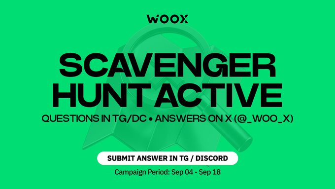 The image is a bright green promotional banner for WOO X's Scavenger Hunt campaign, featuring a magnifying glass graphic and text announcing "SCAVENGER HUNT ACTIVE" with clues shared on TG/Discord and answers posted on X (@_WOO_X), running from Sep 04 to Sep 18.