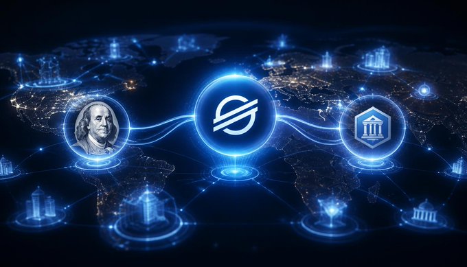 A digital illustration showing a global network of glowing blue nodes connected around Earth, featuring Benjamin Franklin's portrait on the left, a central USD stablecoin symbol, and a bank building icon on the right, representing global financial connectivity.
