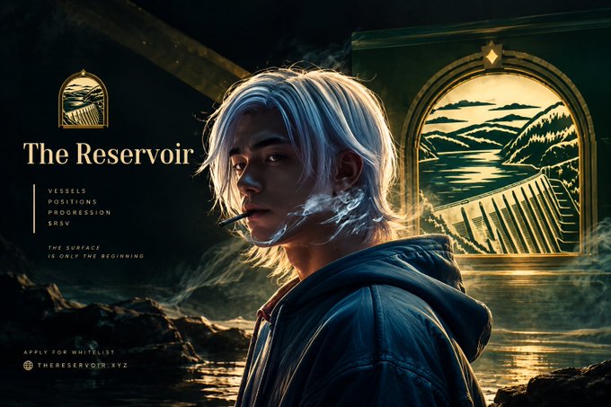 Promotional artwork titled 'The Reservoir' featuring a white-haired young man smoking, with menu text 'Vessels, Positions, Progression, SRSv' and 'Apply for Whitelist' at thereservoir.xyz, accompanied by a dam landscape illustration.