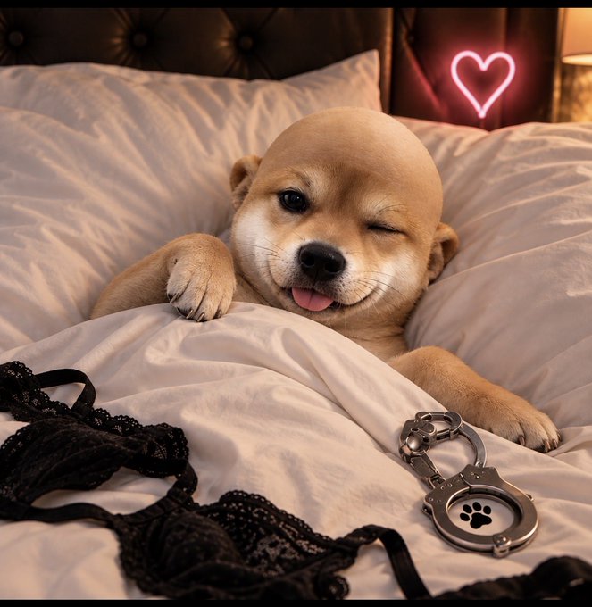 A cute Shiba Inu dog winks while lying on a white bed with a pink neon heart on the wall, accompanied by black lace lingerie and handcuffs on the blanket.