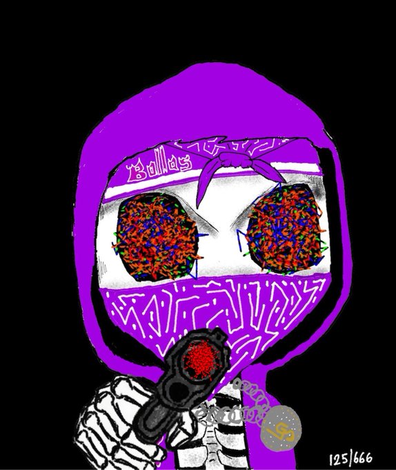 A stylized illustration of a hooded figure in purple with a face mask that reads "Ballas" features scribbled, multicolored eyes and holds a gun, with the inscription "125|666" in the corner. The piece's edgy, graffiti-inspired aesthetic aligns with the "Fine Art on Bitcoin" theme, suggesting it is a digital artwork linked to cryptocurrency culture and rare NFT-style editions.