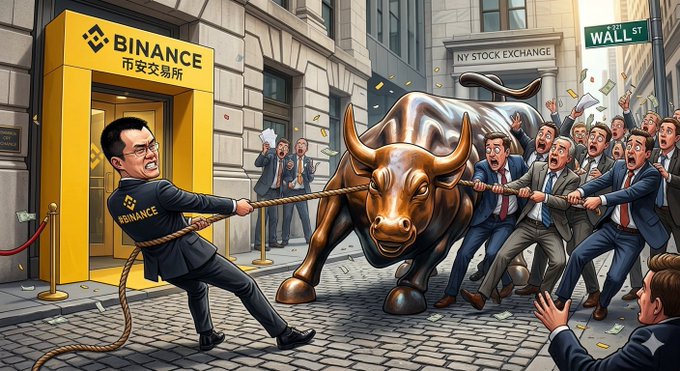 The image features a man wearing glasses, holding onto a rope that is being pulled by a bull statue. The scene takes place outside of a building with a sign that says "Binance", indicating that this is likely an office or store related to Bitcoin. A crowd of people surrounds the bull and the man, some of whom are also holding onto ropes. There's a post on social media that reads: "Brothers! Join the #Binance camp quick Let'S all help long-bull bro CZ drag Wall Street'S bronze bull over to the Binance exchange hahaha". This post seems to be promoting Bitcoin and possibly encouraging people to invest in it.