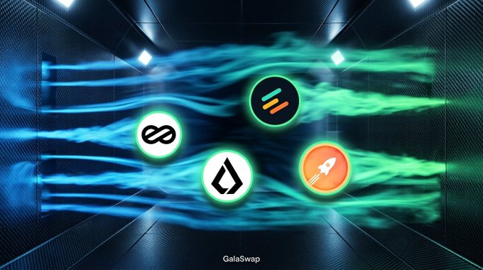 Four crypto token logos (EITHER, EUL, LSK, and RPL) float within a futuristic tunnel of flowing blue and green waves, with the "GalaSwap" branding at the bottom, visually announcing the platform's newest token integrations.