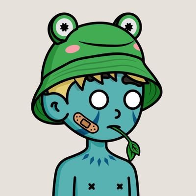 A cartoon illustration of a blue-skinned character wearing a green frog-shaped hat with eyes on top, holding a leaf in its mouth and having a bandage on its cheek.