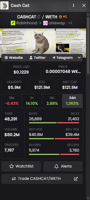 DexScreener-style token page for Cash Cat (CASHCAT/WETH) on Uniswap V3, showing price $0.1229, liquidity $5.9M, FDV $121.9M, and various trading metrics including 48,291 transactions.