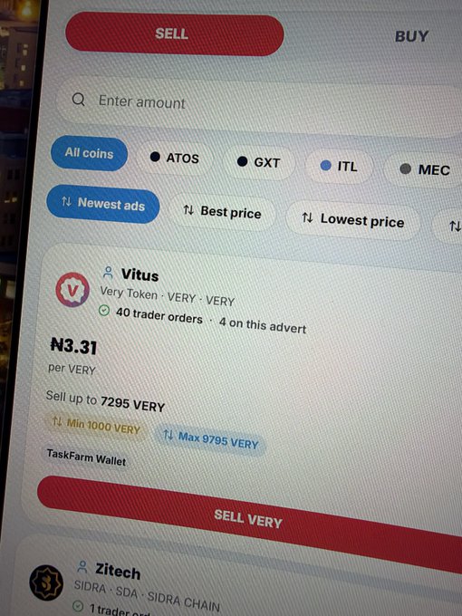 The image shows a peer-to-peer crypto trading platform interface where a user named "Vitus" is selling Very Token (VERY) at ₦3.31 per coin, with a total sell order of 7,295 VERY available via TaskFarm Wallet. The screen displays filters for coins like ATOS, GXT, ITL, and MEC, along with sorting options for newest ads, best price, and lowest price—directly supporting the post's recommendation to use TaskFarm to sell Verychat Tokens at favorable rates.