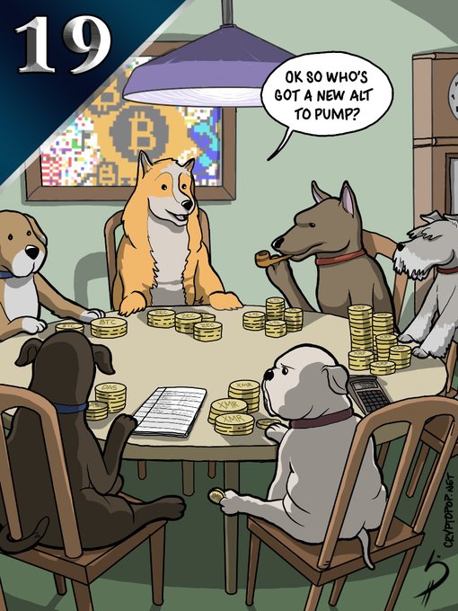 A cartoon illustration of various dogs sitting around a table stacked with Bitcoin coins, with one asking 'OK SO WHO'S GOT A NEW ALT TO PUMP?' while a Bitcoin logo is visible on the wall behind them.