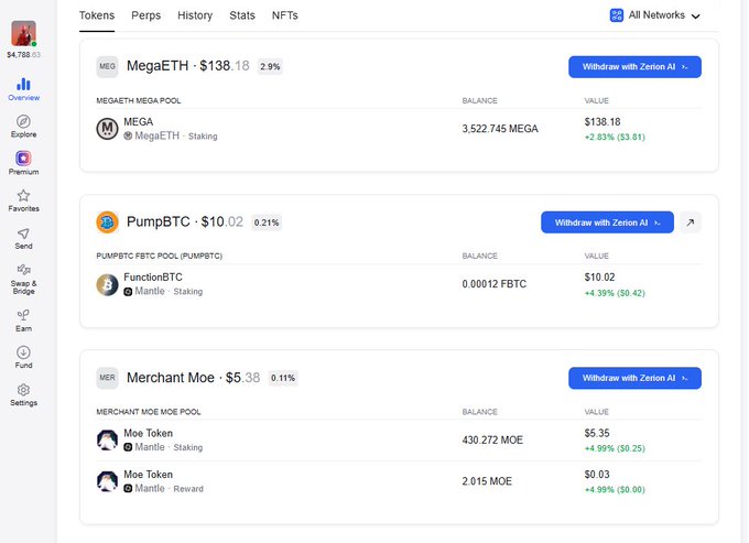 A cryptocurrency staking dashboard showing token balances: MegaETH MEGA POOL with 3,522,745 MEGA ($138.18), PumpBTC FBTC POOL with 0.00012 FBTC ($10.02), and Merchant Moe MOE Pool with 430.272 MOE ($5.35).