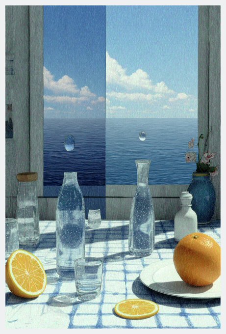 A painting of a sunlit window view overlooking the blue sea and sky, with a foreground table holding clear glass carafes, a vase with flowers, and citrus fruits (a halved lemon and a whole orange) on a checkered cloth.