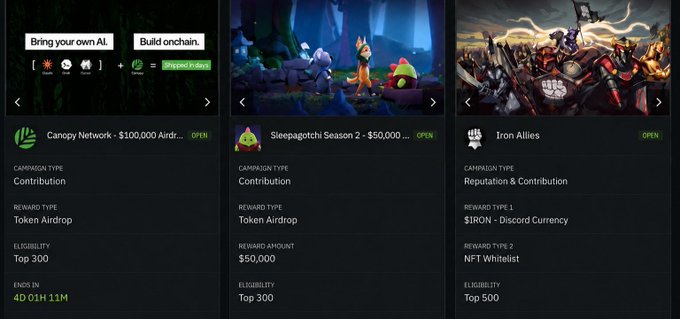 Three Web3 campaign listings from Galxe showcasing active opportunities: "Canopy Network" with a $100,000 token airdrop for top 300 contributors ending in 4D 01H 11M, "Sleepagotchi Season 2" offering $50,000 in rewards to the top 300 contributors, and "Iron Allies" with a $1RON Discord currency and NFT Whitelist for top 500 entrants—illustrating that even during slow periods, contribution-based campaigns with tangible rewards remain active across different blockchains.