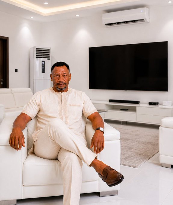 A man in a beige traditional outfit relaxes on a white leather sofa in a bright, modern living room with a large wall-mounted TV, while he takes a well-deserved break after completing his Saturday house chores.