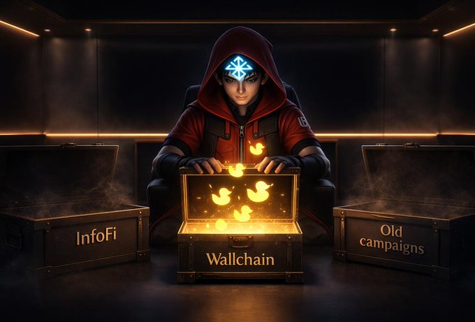 The image features a person wearing a hoodie, sitting in front of two boxes with the words "Infor" and "Wallchain" written on them. The person appears to be holding a golden key or a golden object that has a blue dot on it. The background is dark, which contrasts with the bright colors of the objects in the foreground.