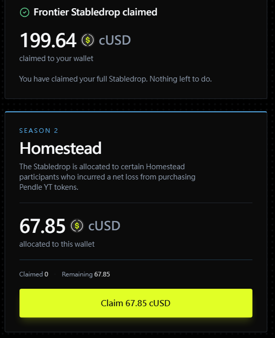 A screenshot showing a Frontier Stabledrop of 199.64 cUSD claimed and a Homestead Season 2 claim of 67.85 cUSD available to claim.