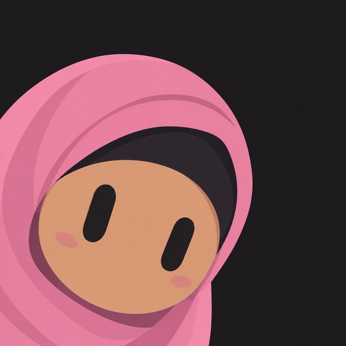 A stylized digital illustration of a character in a pink hooded cloak with large oval black eyes and pink cheeks against a dark background.