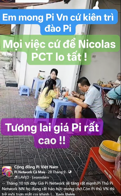 A social media post in Vietnamese from "Cộng đồng Pi Việt Nam - Pi Network Cà Mau" (dated 28 Tháng 9) shows people dining outdoors, with text overlaying the image reading "Em mong Pi Vn cứ kiên trì đào Pi", "Mọi việc cứ để Nicolas PCT lo tất !", and "Tương lai giá Pi rất cao !!".