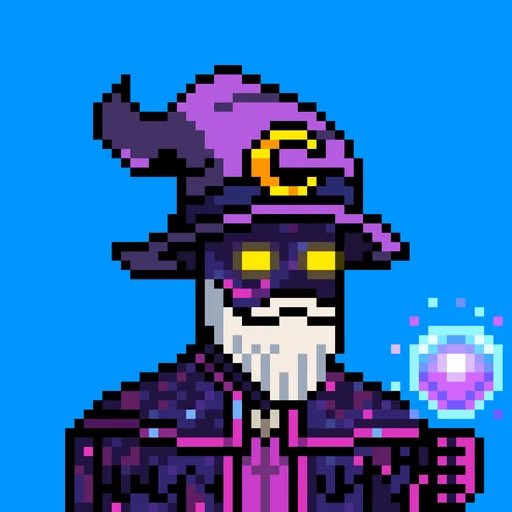A pixel art character resembling a dark sorcerer or wizard with a purple pointed hat, glowing yellow eyes, white beard, and dark robe stands beside a glowing purple orb against a blue background. The image pairs with a "Happy Wizzy Wednesday" post promoting the @Solgodsnfts Solcity NFT collection, which offers quarterly Solana drops.