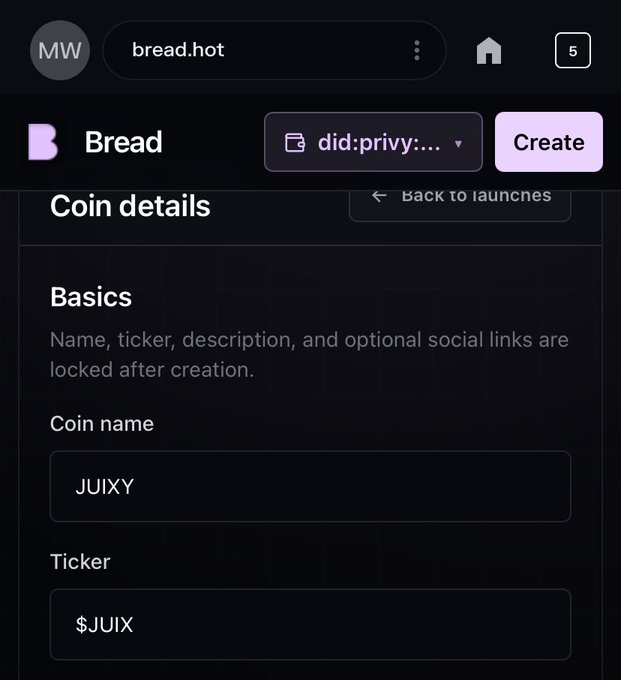 A dark-themed webpage for 'Bread' (bread.hot) showing a coin creation form with the coin name 'JUIXY' and ticker '$JUIX' being filled out.