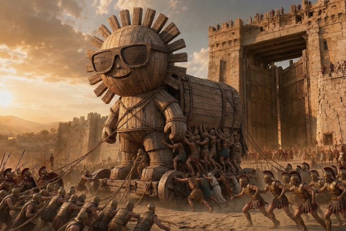 A dramatic digital illustration depicts a giant Trojan Horse wearing sunglasses being pulled into a walled city by soldiers, evoking a satirical or meme-like atmosphere.