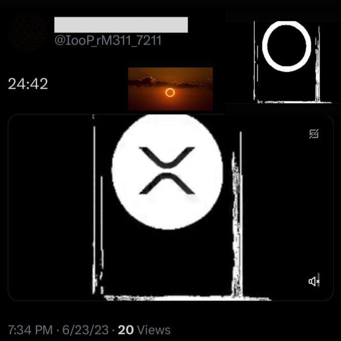 A Twitter post from @IooP_rM311_7211 dated 6/23/23 at 7:34 PM shows a striking image of an annular solar eclipse (with the characteristic "ring of fire") silhouetted by clouds, displayed alongside the XRP cryptocurrency logo. The 20-view post visually represents "The great eclipse has finally arrived," capturing both the celestial event and the XRP community's anticipation surrounding the post's context.