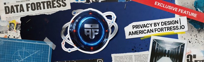 A banner advertises 'DATA FORTRESS' with a central glowing blue and silver logo and text reading 'PRIVACY BY DESIGN | AMERICAN FORTRESS.IO' alongside an article snippet about her.