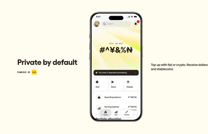 A promotional graphic showing a smartphone displaying a wallet app with hidden balance symbols ('#^¥&%N'), alongside the text 'Private by default' and 'Top up with fiat or crypto. Receive dollars and stablecoins.'