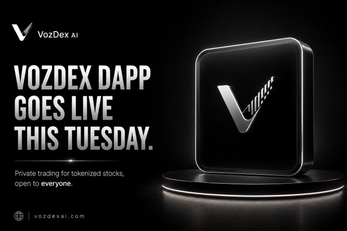 A sleek, dark-themed promotional graphic features the VozDex AI logo with a metallic 3D "V" emblem on a podium, alongside bold text announcing "VOZDEX DAPP GOES LIVE THIS TUESDAY" and the tagline "Private trading for tokenized stocks, open to everyone," with vozdexai.com displayed at the bottom—all reinforcing the post's announcement of $VAI launching private tokenized stock trading on Robinhood Chain.