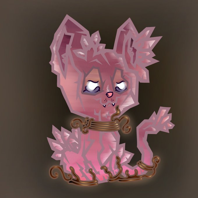 A stylized pink crystalline cartoon cat with glowing eyes is wrapped in brown vines against a dark background.