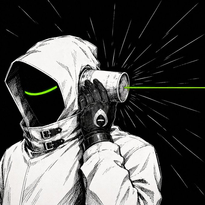 A hooded figure with glowing green eyes peers through a cylindrical device that emits a bright green laser beam, with speed lines radiating outward in the dark background. The image evokes a stealthy, surveillance-like aesthetic that aligns with the post's mention of upcoming encrypted calls for the token, symbolizing secure, focused communication in the crypto space.