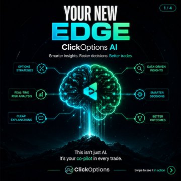A dark promotional graphic for ClickOptions AI featuring a glowing blue brain graphic and text including 'YOUR NEW EDGE', 'ClickOptions AI', and labels like 'OPTIONS STRATEGIES', 'REAL-TIME RISK ANALYSIS', and 'SMARTER DECISIONS.'