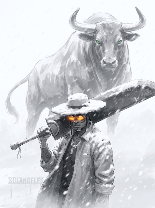 Digital artwork by 'SOLANGELES' depicting a character in a white hat and coat with glowing orange eyes, carrying a large sword over his shoulder, with a large gray bull with green eyes standing behind him.