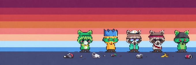A group of pixel-art characters with various animal-themed hats stand in a row against a colorful striped background, with small trash-like items scattered at their feet, promoting an NFT collection called "Tra..." (likely "Trash") on OpenSea.