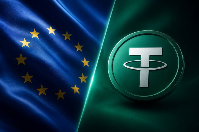 The image shows the European Union flag beside a Tether (USDT) logo on a green background, visually representing the post's claim that the EU's new regulations are causing USDT to disappear from regulated exchanges in favor of USDC.
