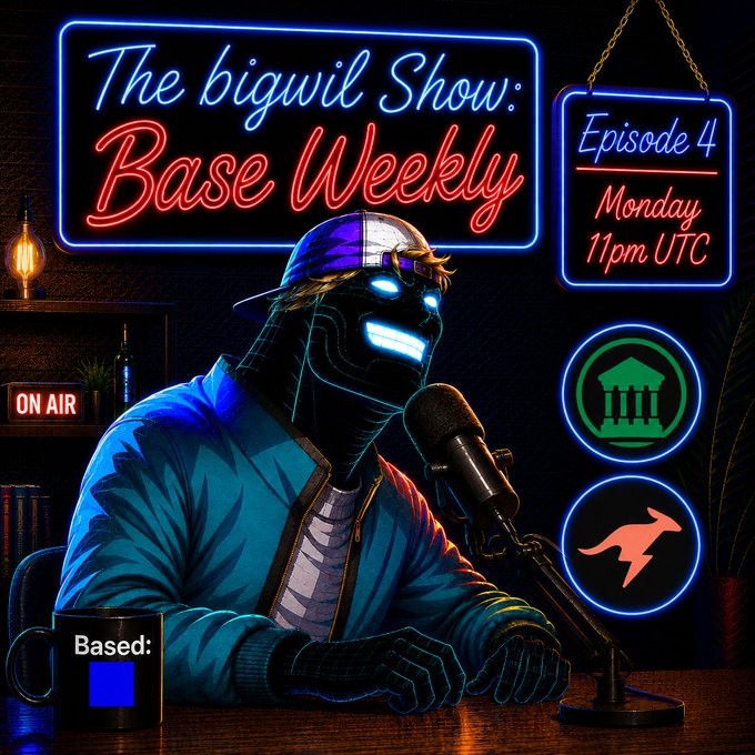 Promotional graphic for 'The bigwil Show: Base Weekly', Episode 4 on Monday 11pm UTC, featuring a robotic character at a microphone with neon signs and icons.