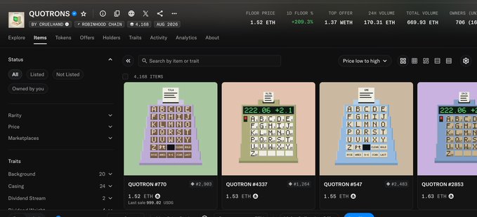 A screenshot of an NFT marketplace interface showing 'QUOTRON' items for sale, with prices displayed in ETH and various filter options on the left sidebar.